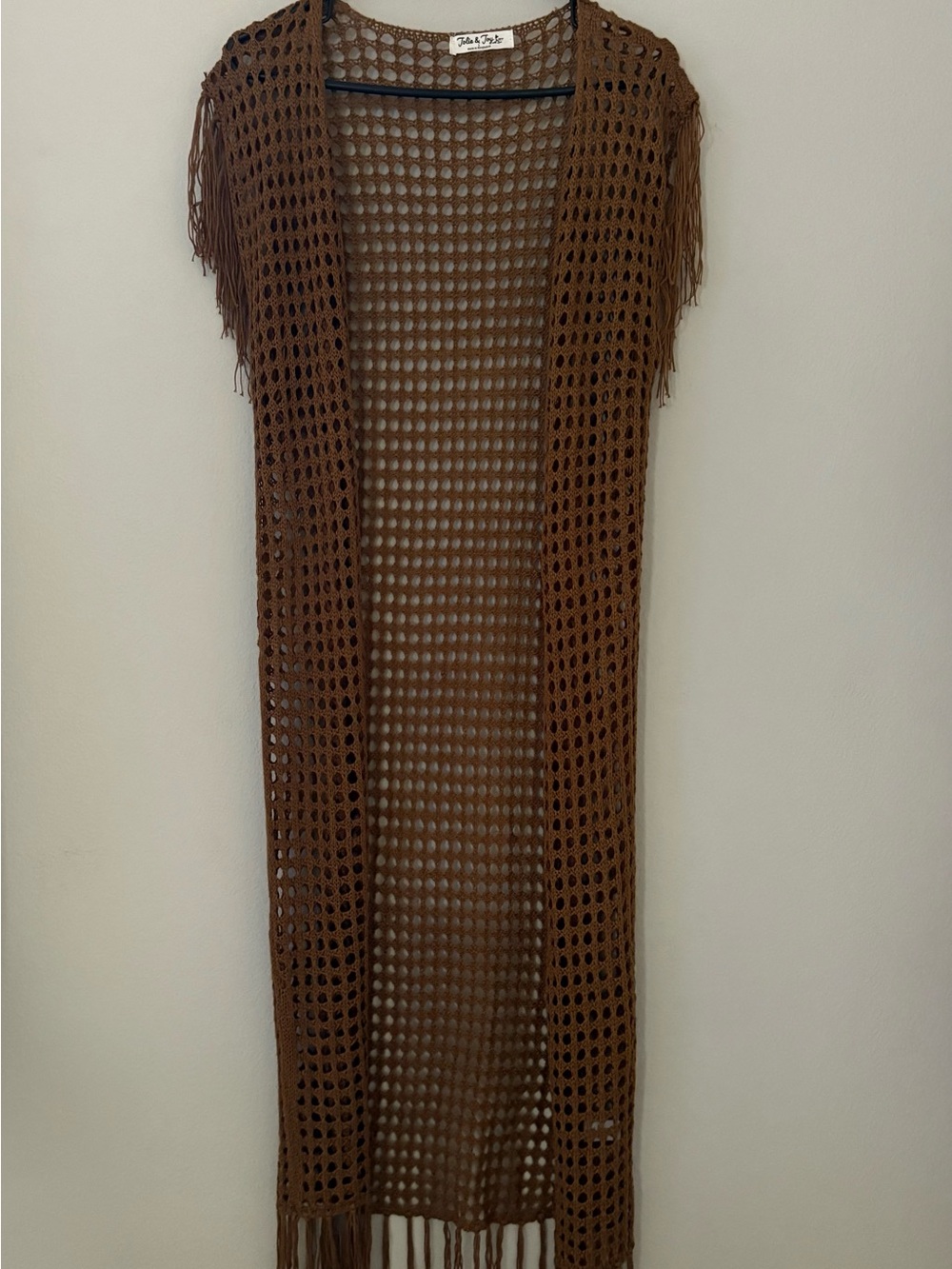 Boho Crochet Fringe Duster Vest Knit Festival Cardigan L Brown